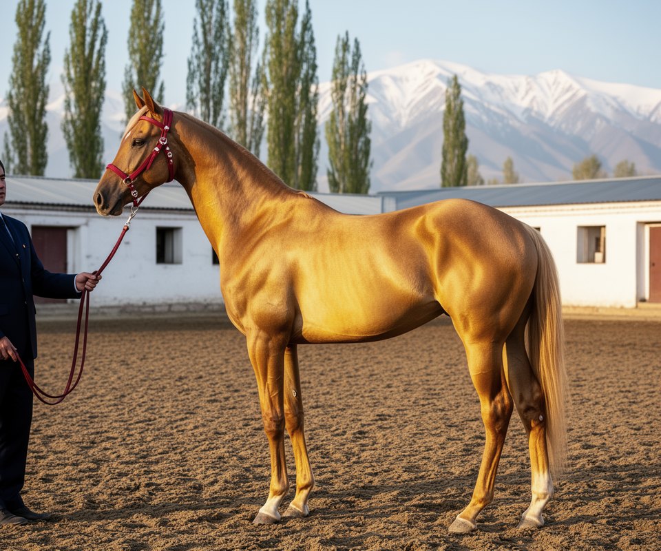 Zharkyn, a golden-dun stallion, held by his groom in the yard of the State Stud Farm of Talas